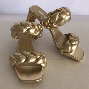 Soda Metallic Gold Thick Bubble Puffy Puffer Braided Open Toe Heels Sandals Sz 7